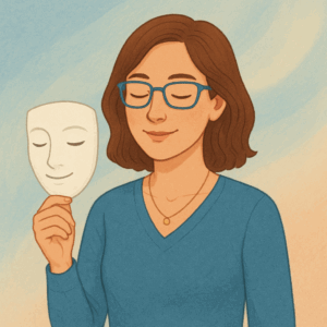 Illustration d’une femme tenant un masque, symbole du choix entre posture authentique et imposture